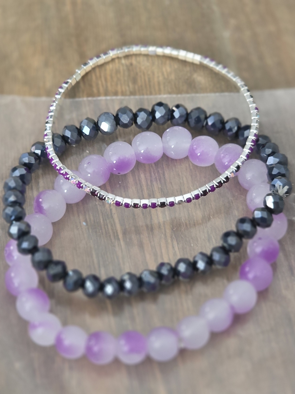 Stacked Purple & Silver Beaded Bracelet Set - Women Jewelry